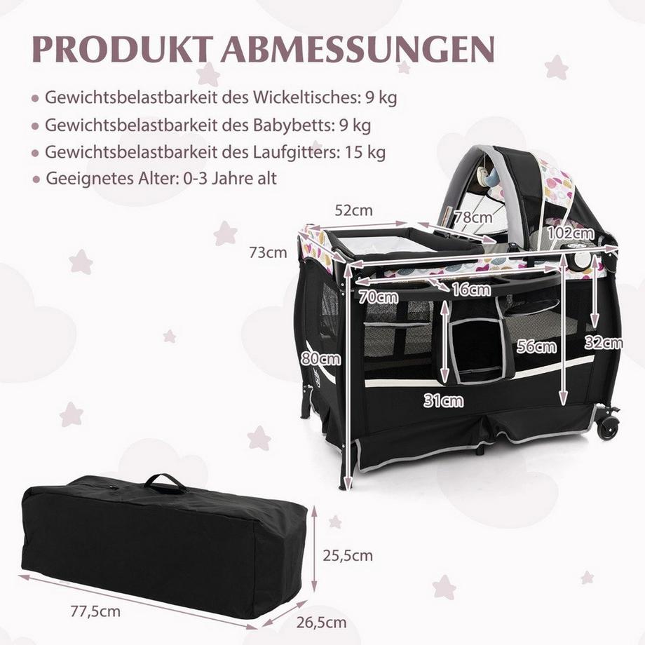 Northix  Lit de voyage 4 en 1 avec matelas, lit d'appoint pliable avec cercle de baldaquin réglable. 