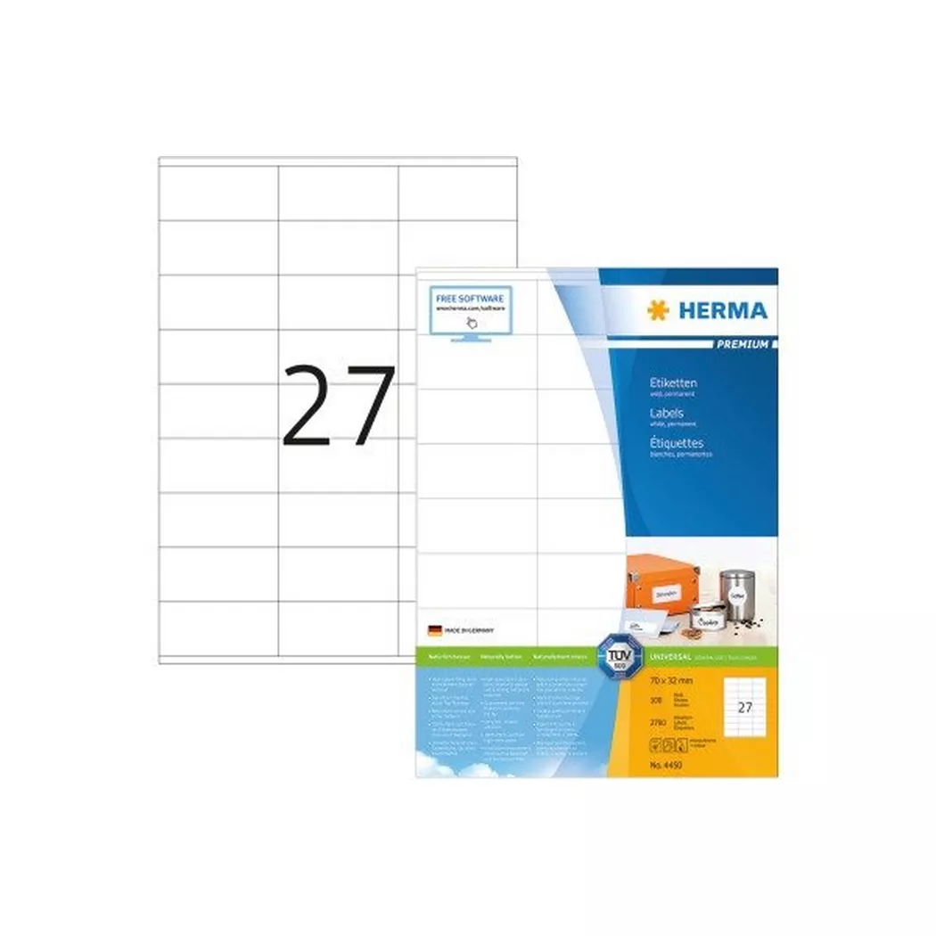 HERMA – Universal-Etiketten 70x32mm 4450 weiss 2700 St./100 Blatt, One Size