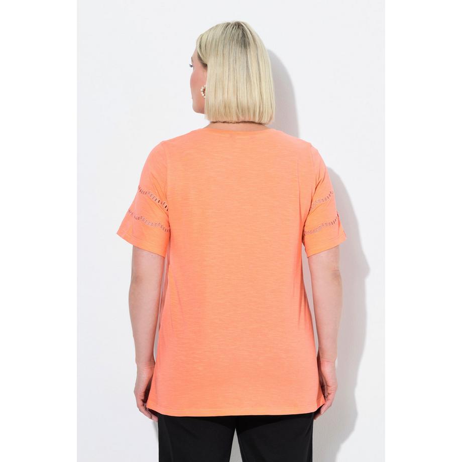 Ulla Popken Ricami Traforati Taglio Svasato Scollo a V T-Shirt Maniche ad Aletta  