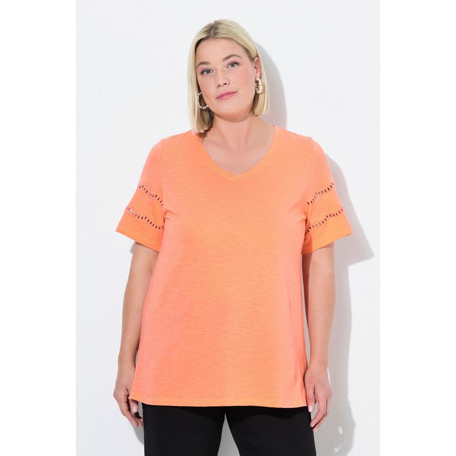 Ulla Popken Ricami Traforati Taglio Svasato Scollo a V T-Shirt Maniche ad Aletta  