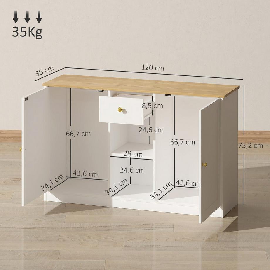 Northio Commode de cuisine, buffet avec tiroir, placards, étagères, aggloméré, blanc  