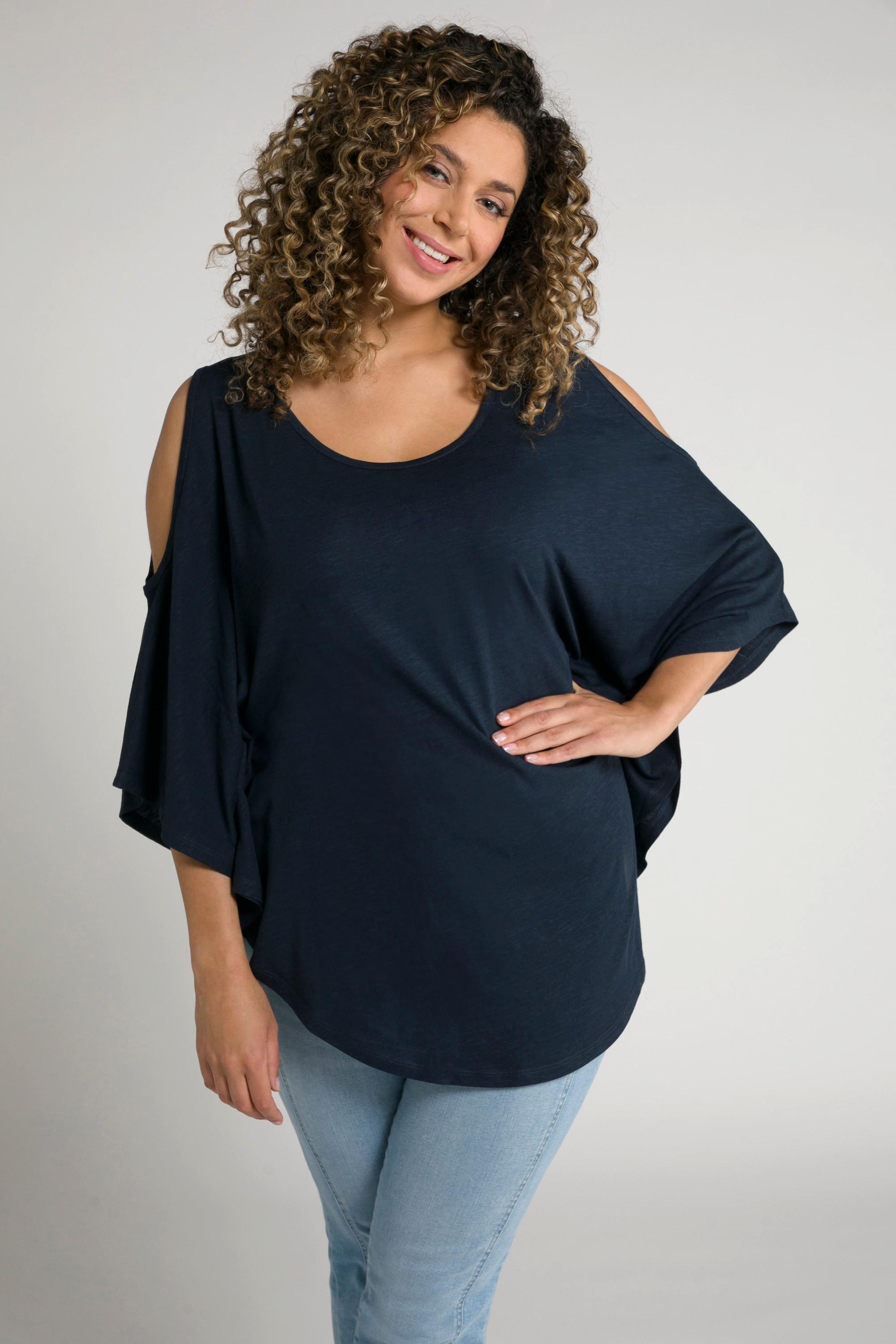 Ulla Popken  Kimono a t-shirt dal taglio svasato con aperture, scollo a girocollo e maniche a 3/4 