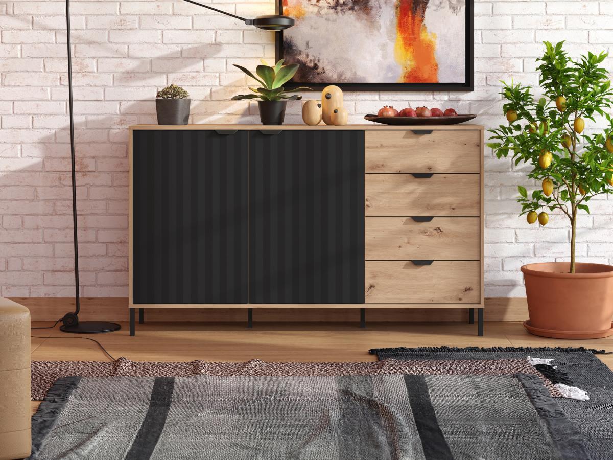 Vente-unique  Sideboard mit 2 Türen & 4 Schubladen - Holzfarben & Schwarz - MEVIELA 