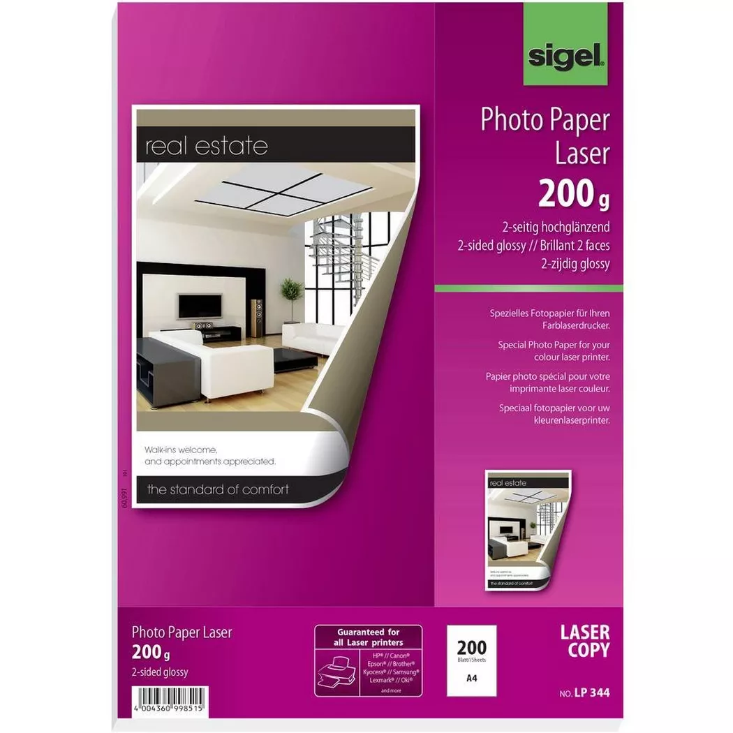 Sigel – Fotopapier für Farb-Laser/-Kopierer, 2-seitig hochglänzend, 200 g/m², A4, Blatt, One Size, Weiss