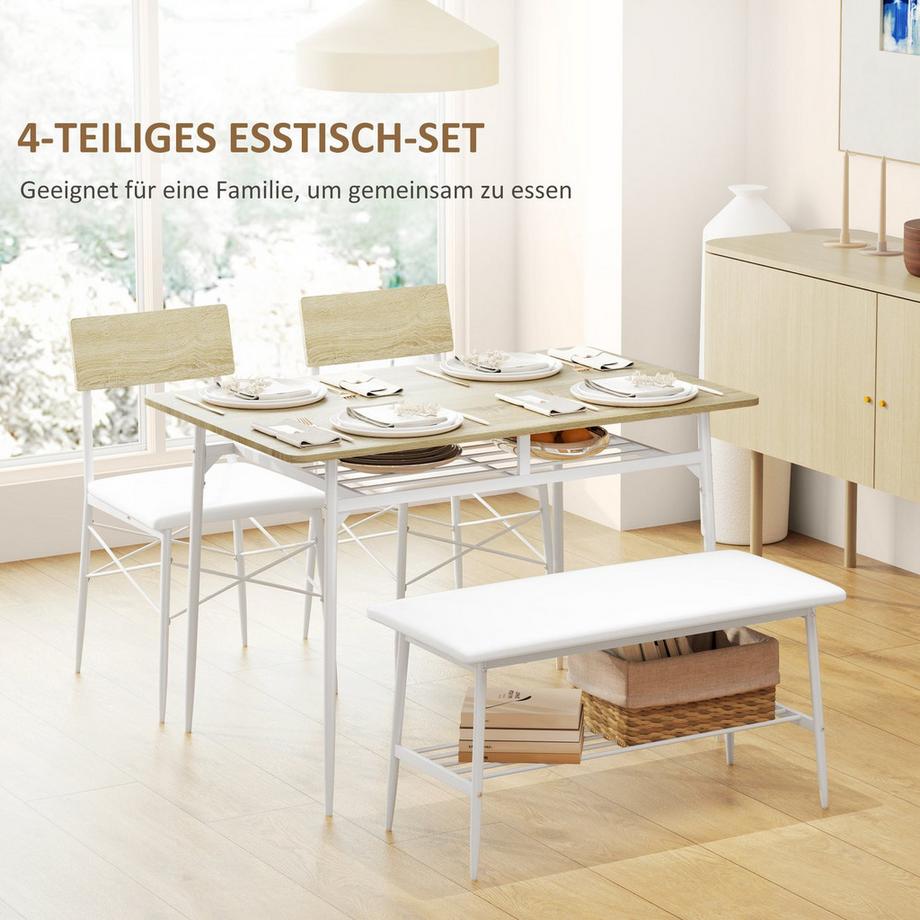 Northio  Esstisch mit 2 Stühlen, Bank, Essgruppe 4er-Set, Küchentisch-Set mit Ablage für 4 Personen, Esszimmergruppe für kleine Räume, Küche, Wohnzimmer, Eiche 