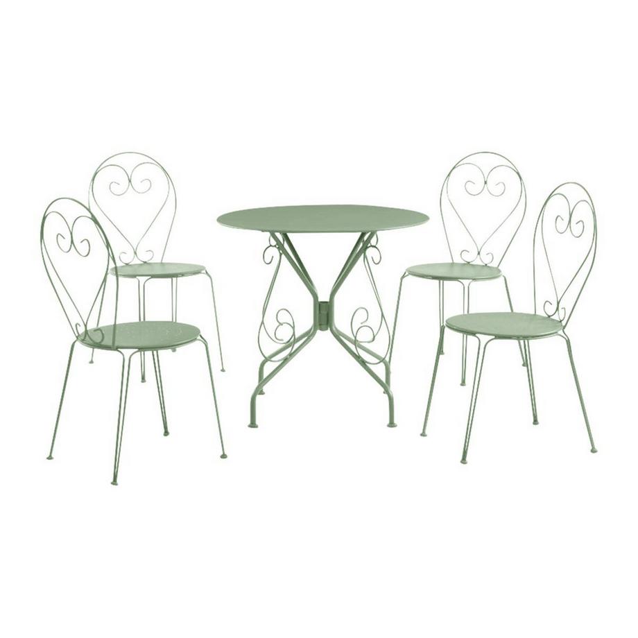 Vente-unique Salle à manger de jardin en métal façon fer forgé : une table et 4 chaises empilables - Vert amande - GUERMANTES de MYLIA  