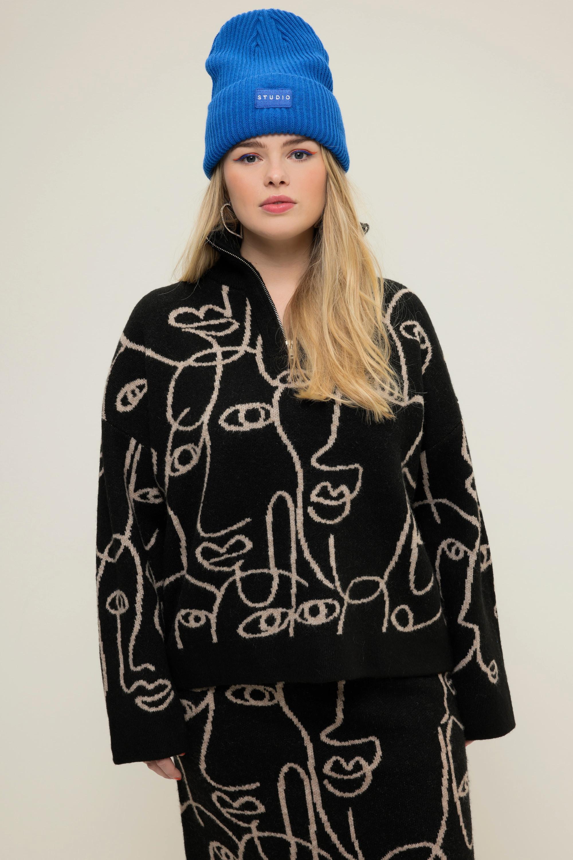 Studio Untold  Troyer, oversized, Face-Silhouetten, Stehkragen mit Zipper 