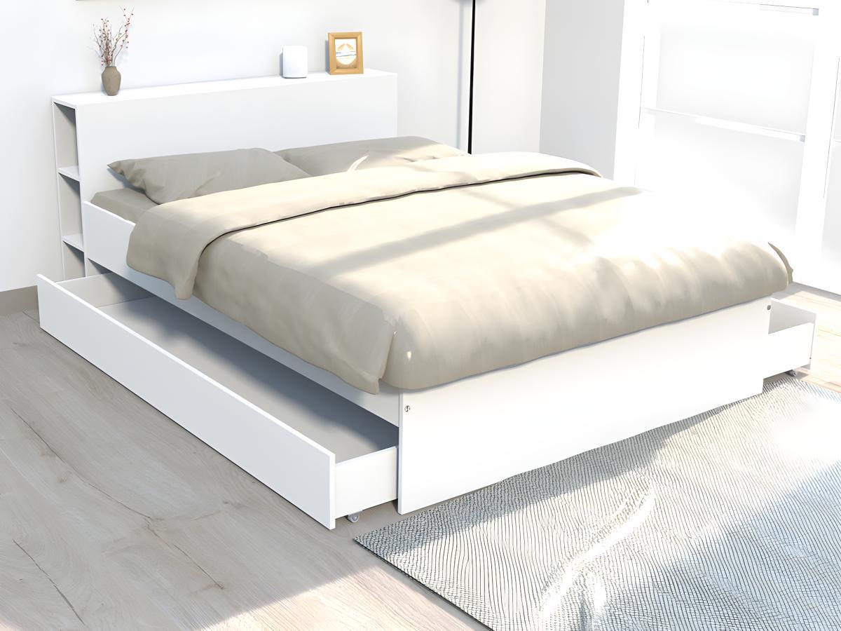 Vente-unique Letto con testata vani portaoggetti e cassetti 160 x 200 cm Bianco + Rete + Materasso - EUGENE  