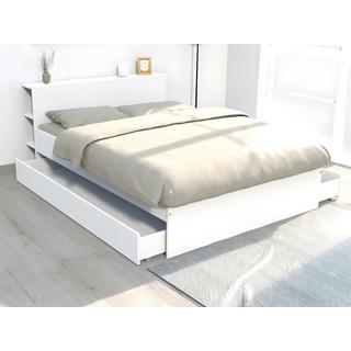 Vente-unique Letto con testata vani portaoggetti e cassetti 160 x 200 cm Bianco + Rete + Materasso - EUGENE  