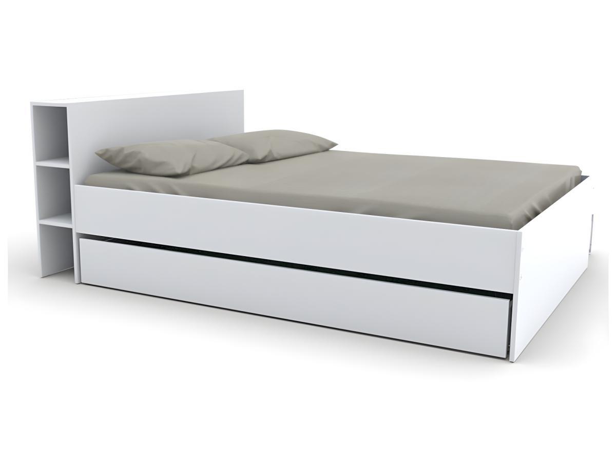 Vente-unique Letto con testata vani portaoggetti e cassetti 160 x 200 cm Bianco + Rete + Materasso - EUGENE  