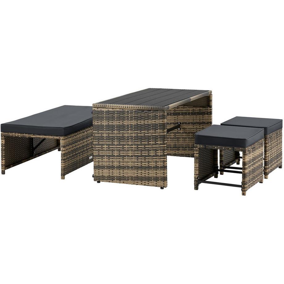 Tectake 2-in-1-Rattanlounge-Set Monopoli Nutzung als Sofa oder Sitzgruppe Tisch mit Lamellen in Holzoptik  