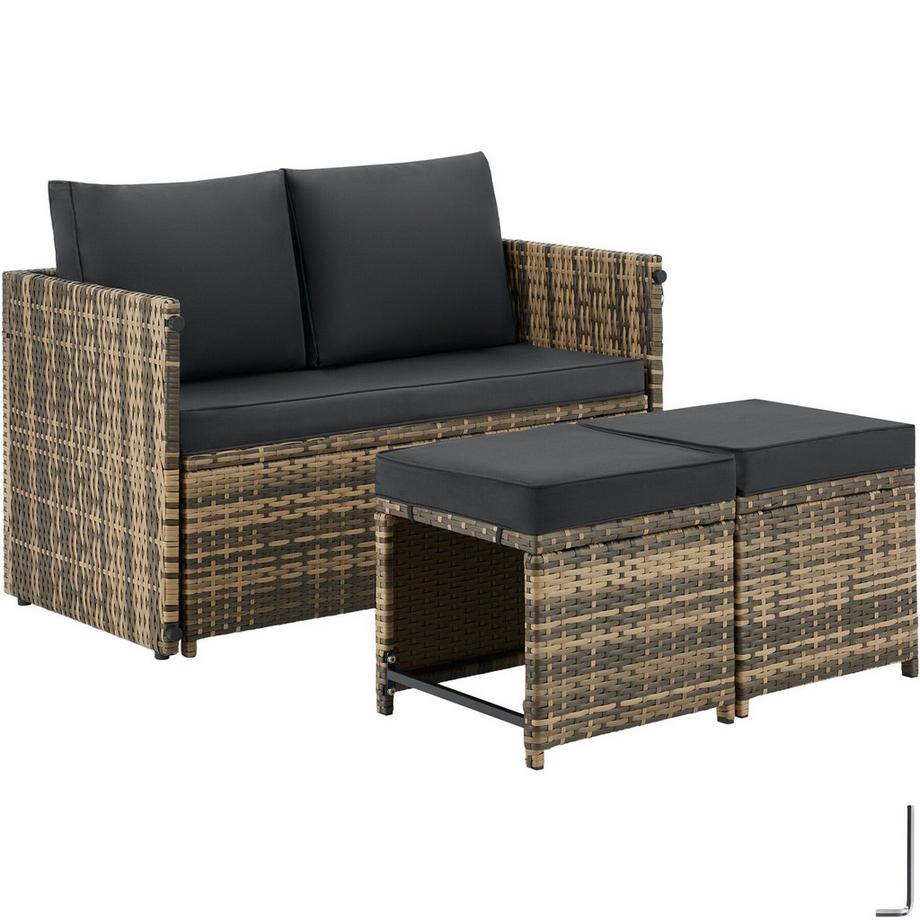 2-in-1-Rattanlounge-Set Monopoli Nutzung als Sofa oder Sitzgruppe Tisch mit Lamellen in Holzoptik