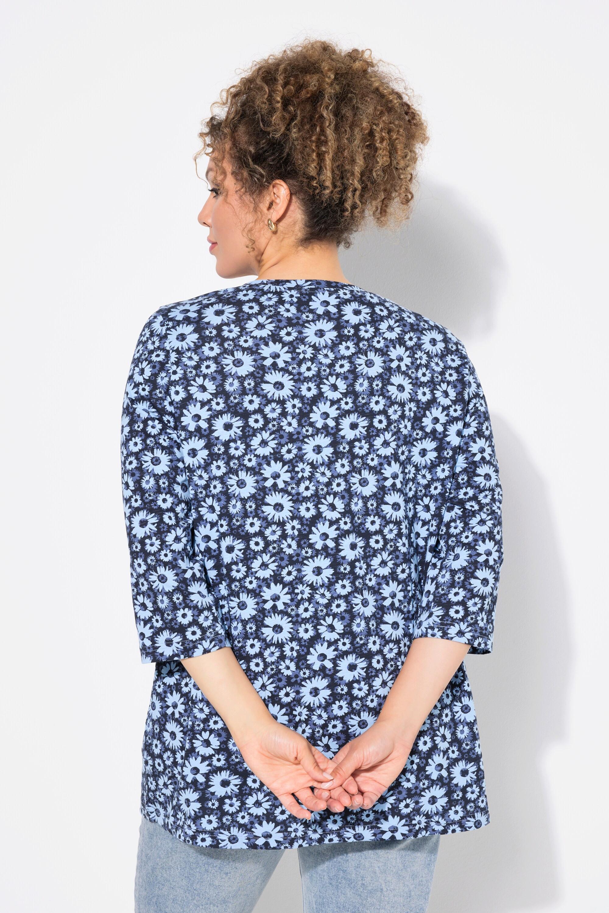 Ulla Popken  Shirt, Blüten, A-Linie, Zierfalten, V-Ausschnitt, 3/4-Arm 