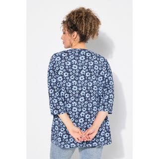 Ulla Popken  Shirt, Blüten, A-Linie, Zierfalten, V-Ausschnitt, 3/4-Arm 