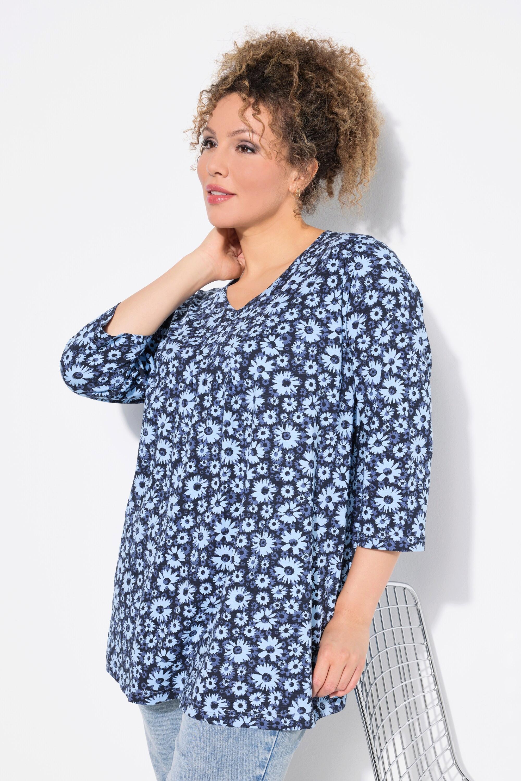 Ulla Popken  Shirt, Blüten, A-Linie, Zierfalten, V-Ausschnitt, 3/4-Arm 