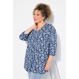 Ulla Popken  Shirt, Blüten, A-Linie, Zierfalten, V-Ausschnitt, 3/4-Arm 