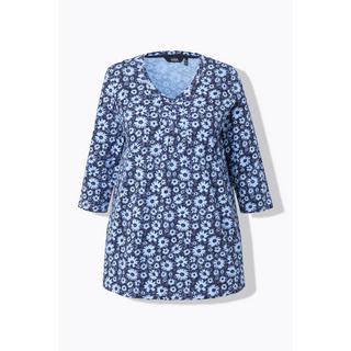 Ulla Popken  Shirt, Blüten, A-Linie, Zierfalten, V-Ausschnitt, 3/4-Arm 