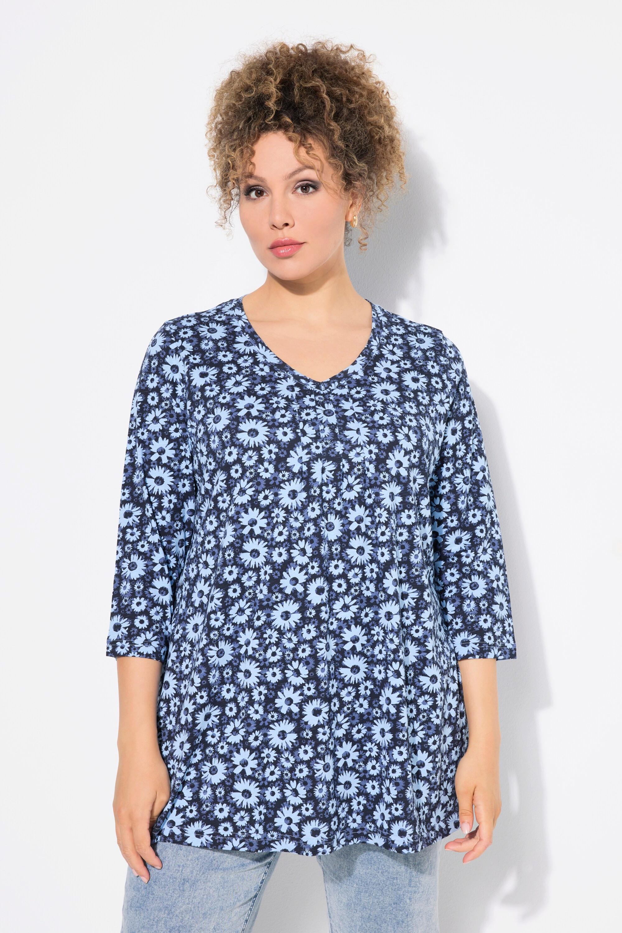 Ulla Popken  Shirt, Blüten, A-Linie, Zierfalten, V-Ausschnitt, 3/4-Arm 