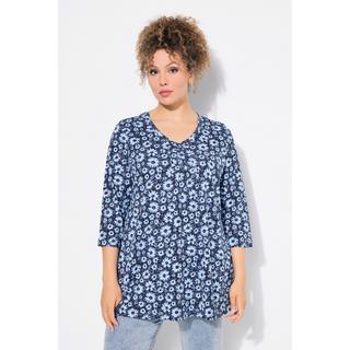 Ulla Popken  Shirt, Blüten, A-Linie, Zierfalten, V-Ausschnitt, 3/4-Arm 