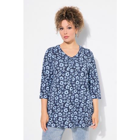 Ulla Popken  Shirt, Blüten, A-Linie, Zierfalten, V-Ausschnitt, 3/4-Arm 