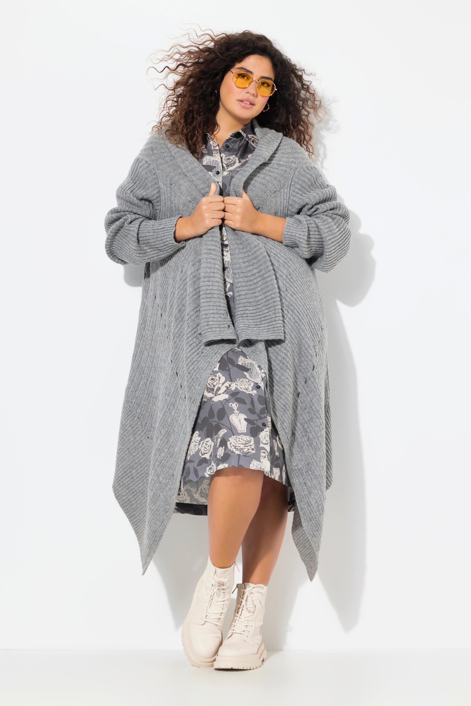 Ulla Popken Strickjacke Zipfelsaum A-Linie offene Form Langarm  