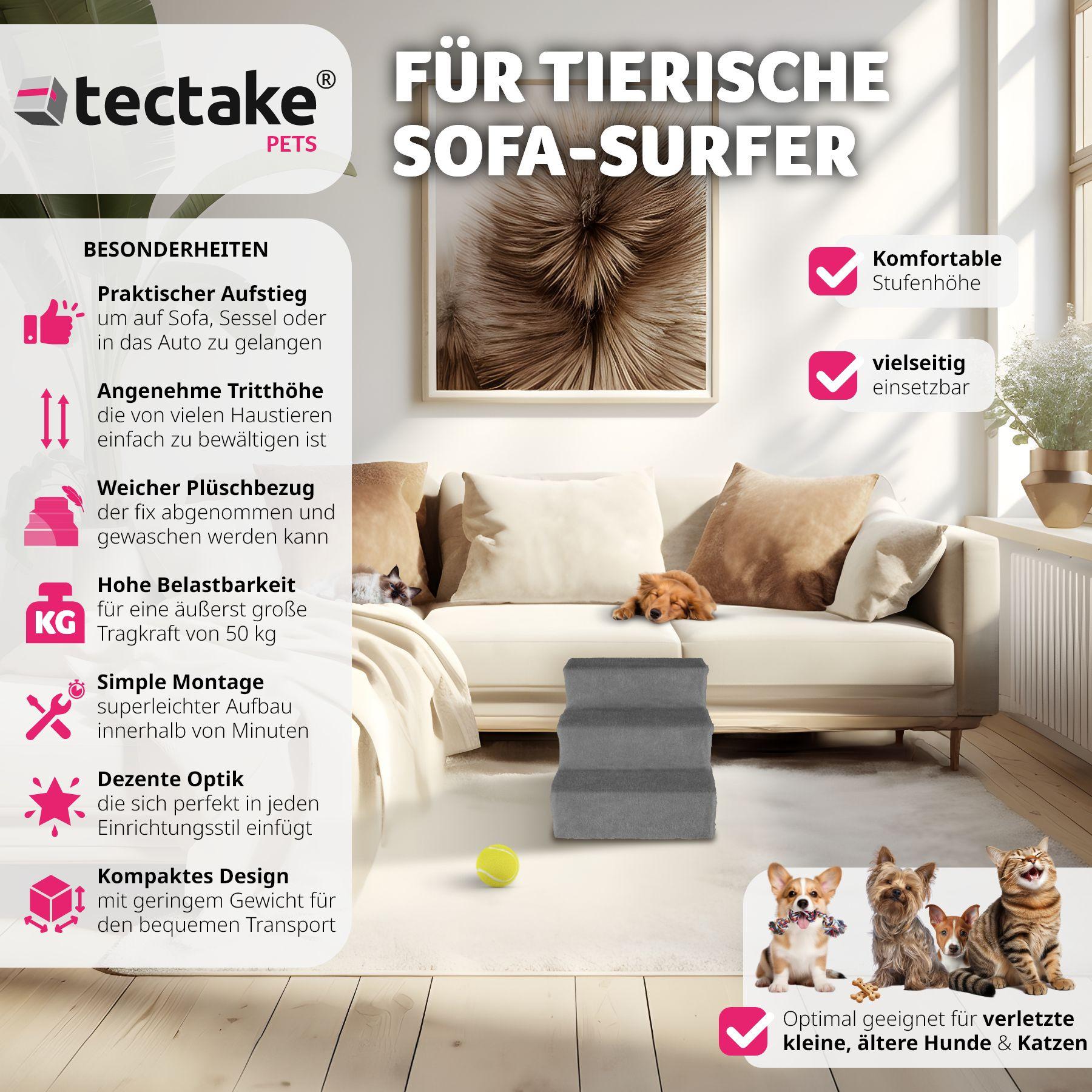 Tectake  Haustiertreppe Paw Path mit Plüschbezug 37 x 45 x 34,5 cm 