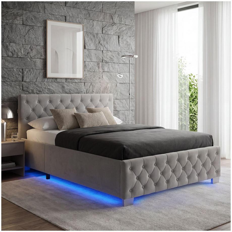 Lit avec matelas  lit rembourré aspect velours avec motif matelassé