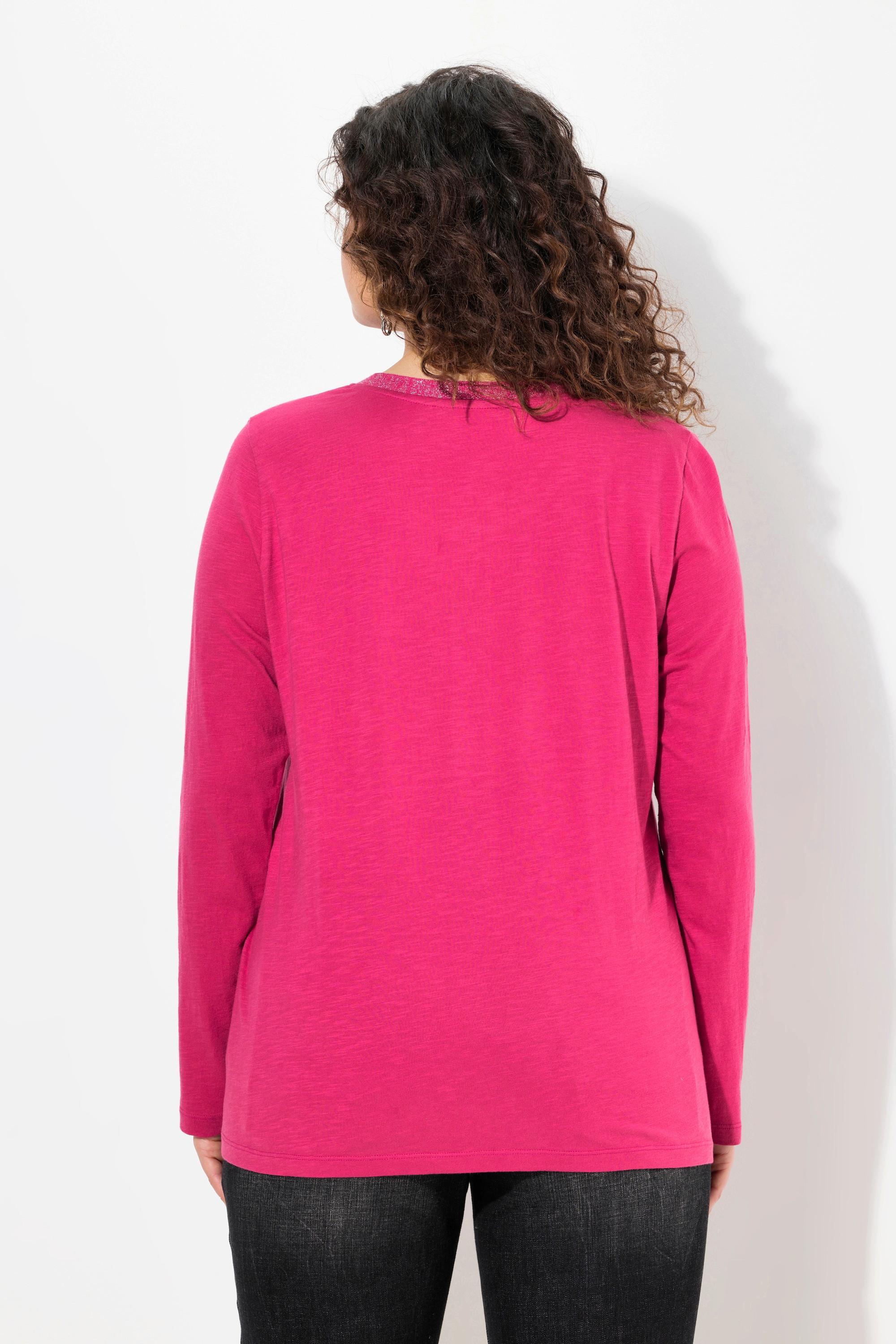 Ulla Popken T-shirt manches longues encolure en V avec patte de boutonnage pailletée  