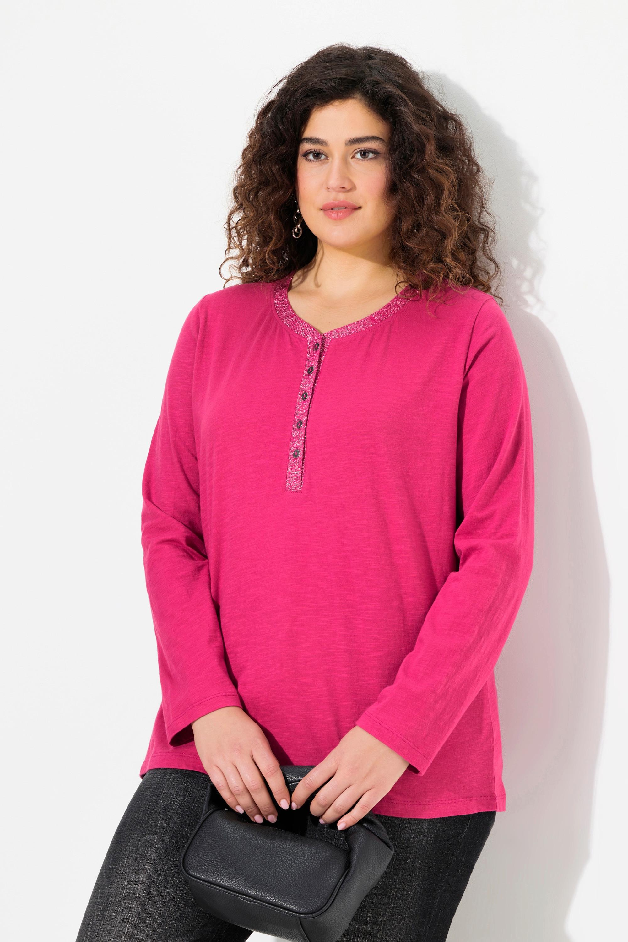 Ulla Popken  Shirt, Glitzer-Knopfleiste, V-Ausschnitt, Langarm 