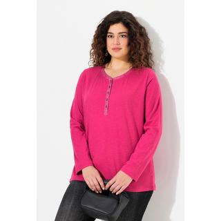 Ulla Popken  T-shirt encolure en V, patte de boutonnage en tissu pailleté, manches longues 