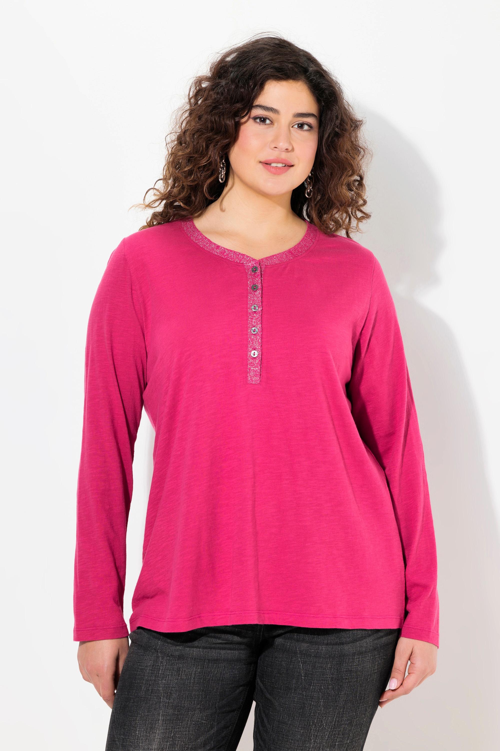 Ulla Popken  Shirt, Glitzer-Knopfleiste, V-Ausschnitt, Langarm 