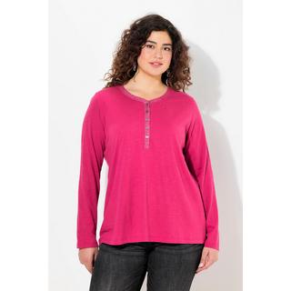 Ulla Popken  T-shirt encolure en V, patte de boutonnage en tissu pailleté, manches longues 