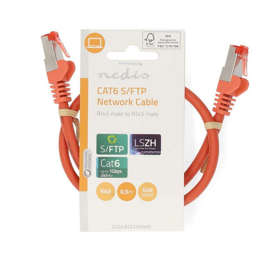 Nedis  Cavo di rete CAT6 | RJ45 maschio | RJ45 maschio | S/FTP | 0,50 m | Rotondo | LSZH | Arancione | Etichetta 