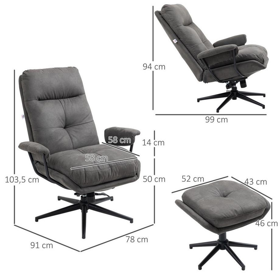 Northio Relaxsessel Mit Hocker, Tv-Sessel Mit Drehbarem Fuß, Fernsehsessel Mit Liegefunktion, Bis 150 Kg Belastbar, Polyester, Stahl, Dunkelgrau  