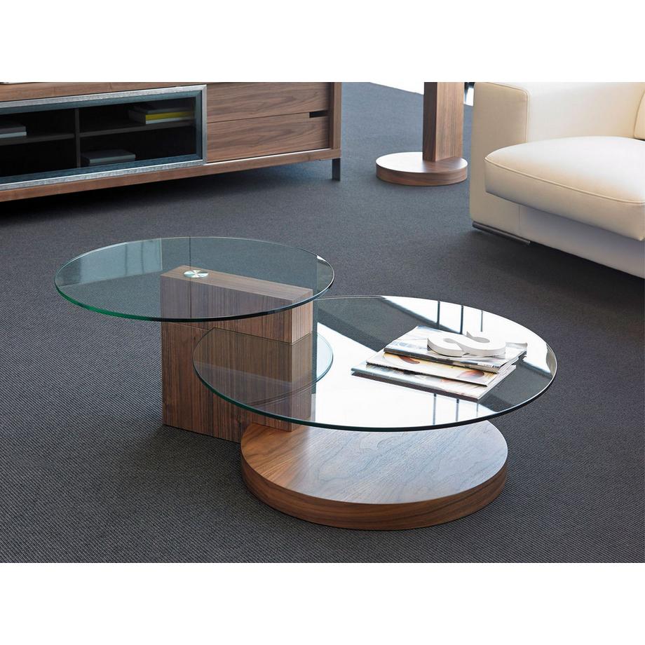 ANGEL CERDA Table basse ronde en verre trempé et noyer  