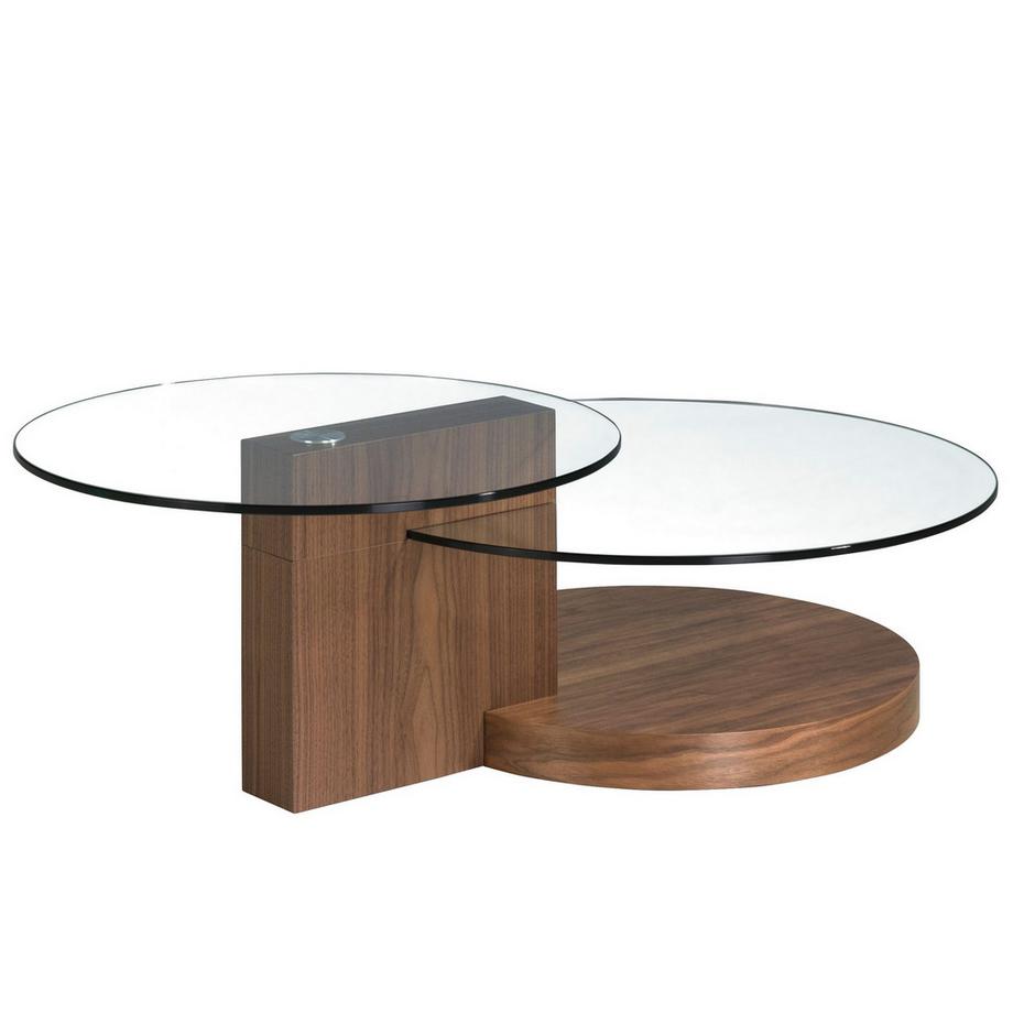 Tavolino rotondo in vetro temperato e noce