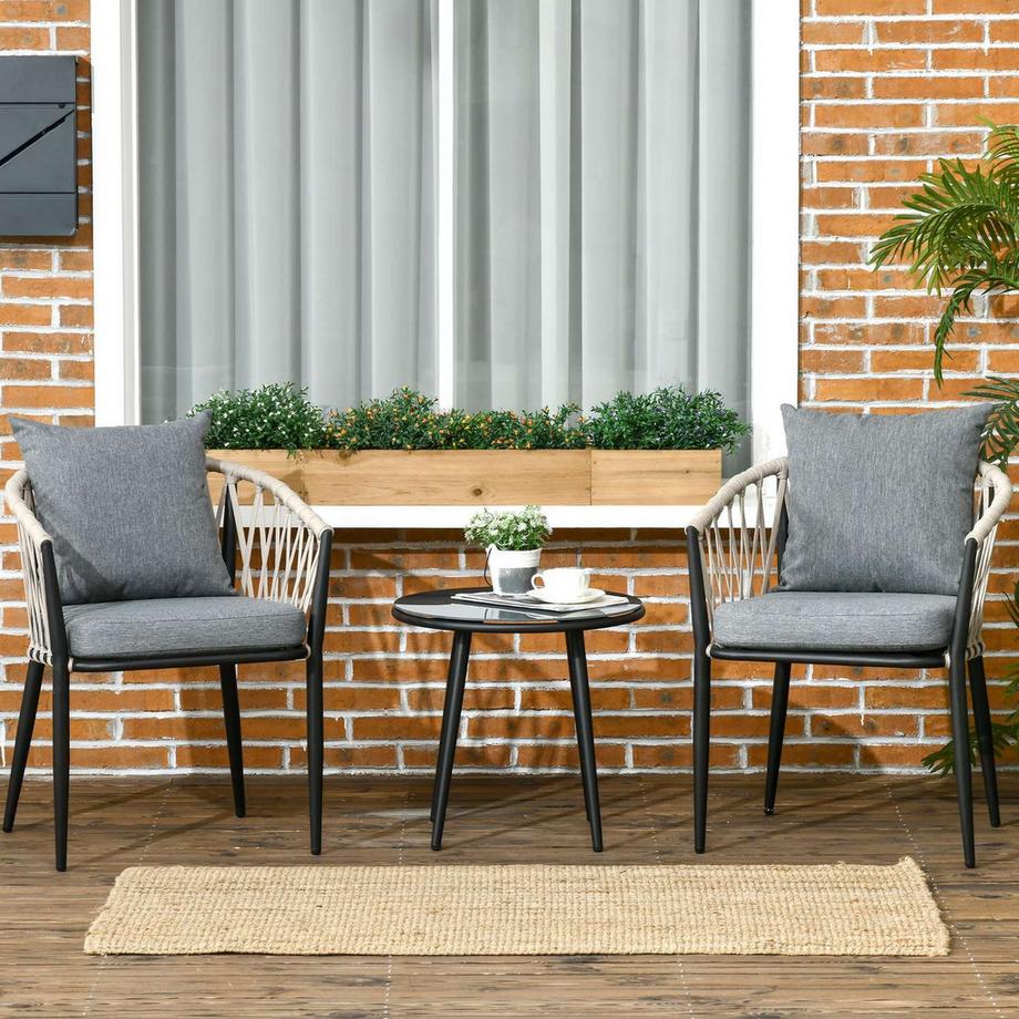 Northio Table, 2 Chaises Avec Coussins D'Assise, Ensemble Balcon, Acier, Gris  