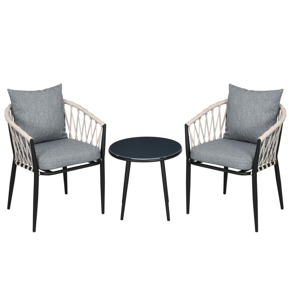Table, 2 Chaises Avec Coussins D'Assise, Ensemble Balcon, Acier, Gris