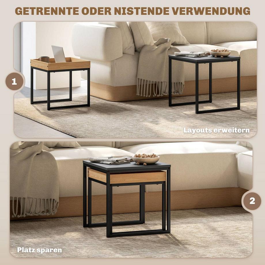 Northio 2er-Set Couchtisch, Eckiger Beistelltisch, Kaffeetisch mit Stahlgestell, Sofatisch im modern Design, für Wohnzimmer, bis 30 kg Belastbar, Schwarz+Eiche  