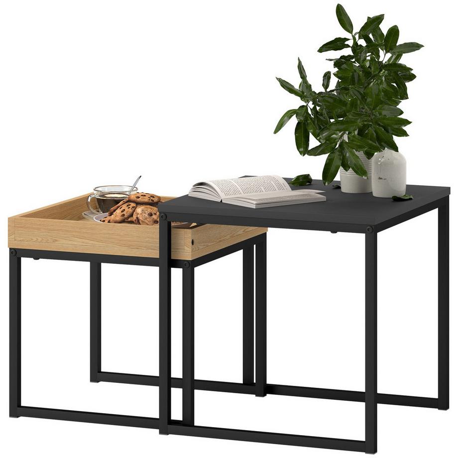 2er-Set Couchtisch, Eckiger Beistelltisch, Kaffeetisch mit Stahlgestell, Sofatisch im modern Design, für Wohnzimmer, bis 30 kg Belastbar, Schwarz+Eiche