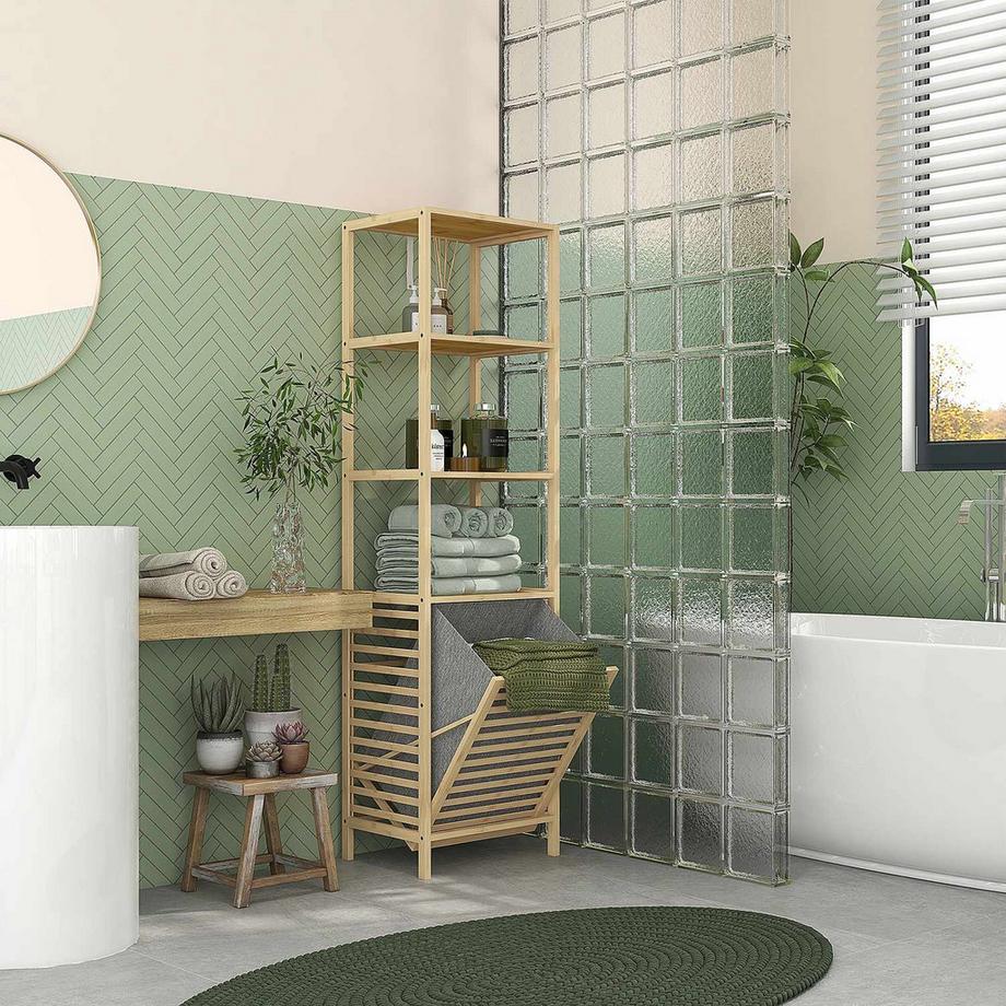 Northio Badregal Bambus, 44 x 33 x 160cm, platzsparend，mit 3 offenen Ablagen, ausziehbarem Stoffkorb, Kippschutz, höheren Sockel, Natur  