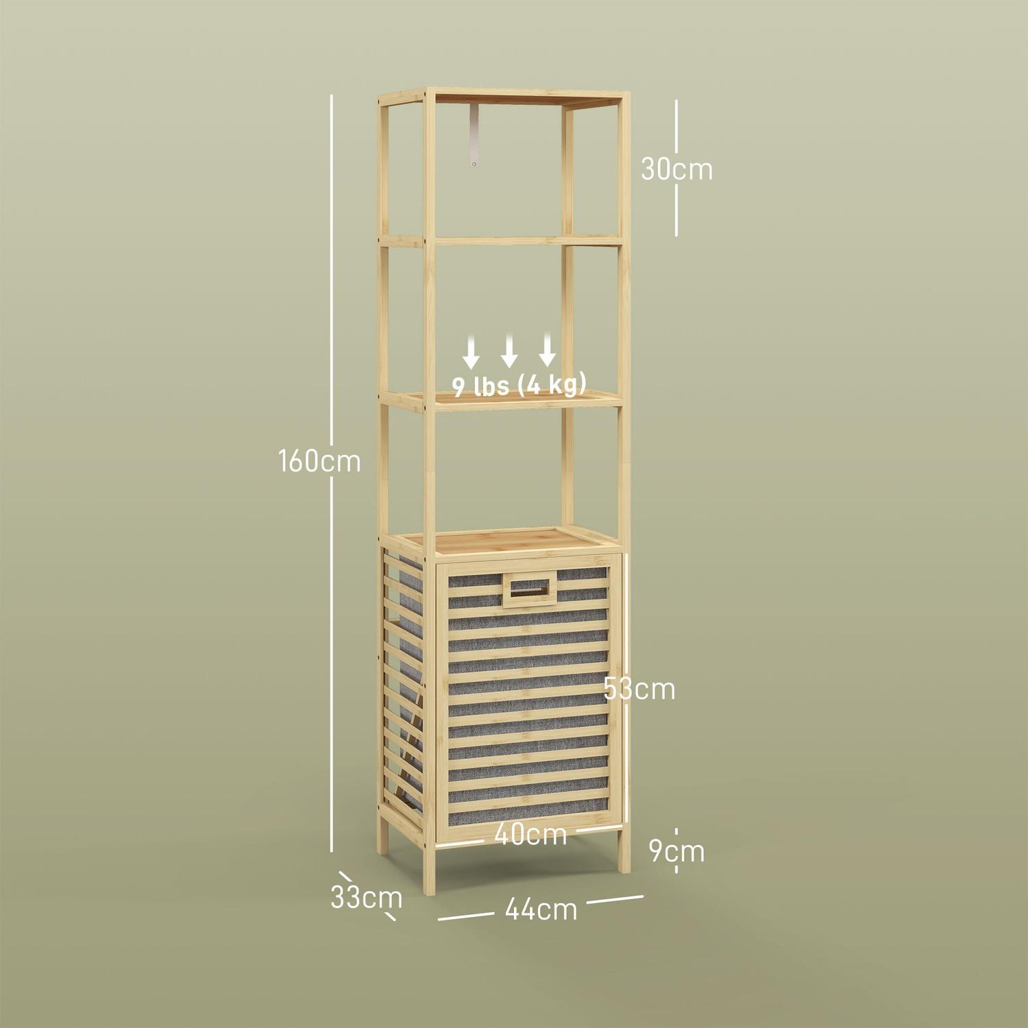 Northio Mensola da bagno in bambù, 44 x 33 x 160 cm, salvaspazio, con 3 ripiani aperti, cestello in tessuto estraibile, protezione ribaltabile, base più alta, naturale  