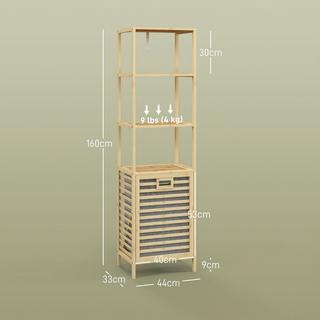 Northio Mensola da bagno in bambù, 44 x 33 x 160 cm, salvaspazio, con 3 ripiani aperti, cestello in tessuto estraibile, protezione ribaltabile, base più alta, naturale  