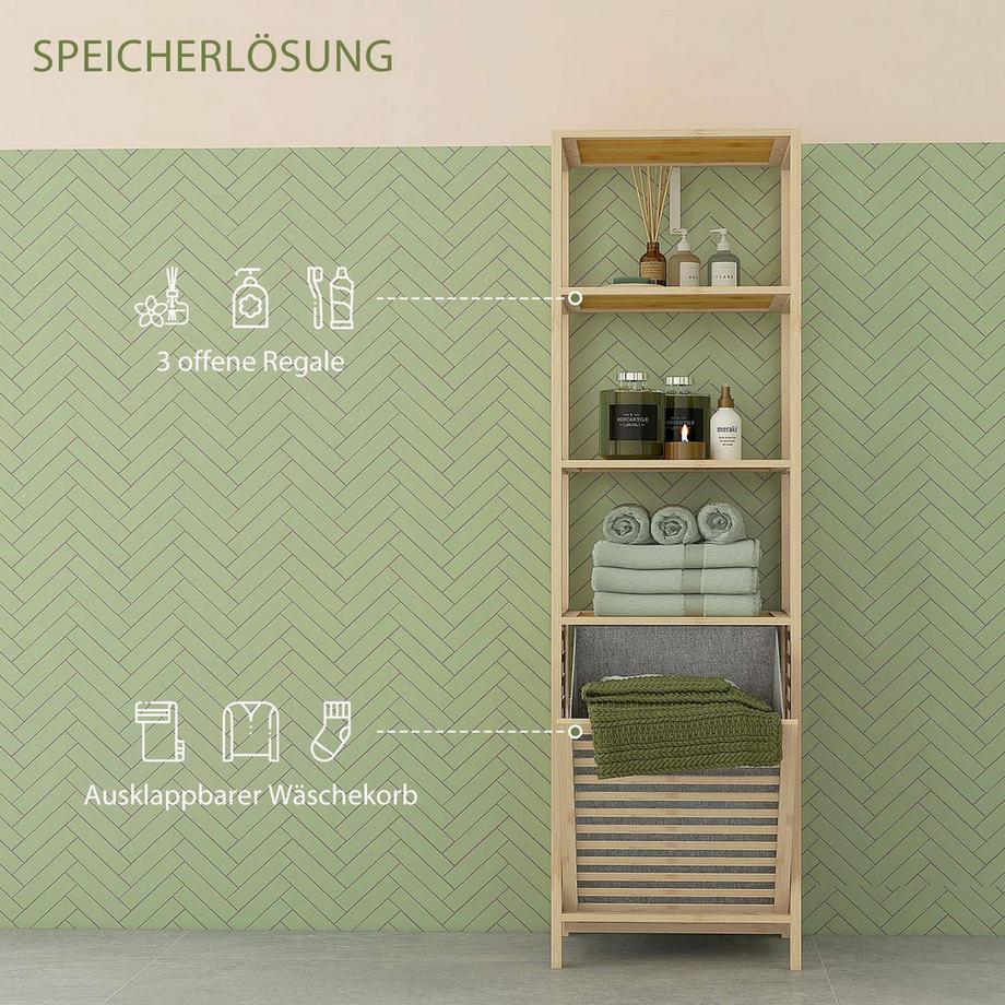 Northio Badregal Bambus, 44 x 33 x 160cm, platzsparend，mit 3 offenen Ablagen, ausziehbarem Stoffkorb, Kippschutz, höheren Sockel, Natur  
