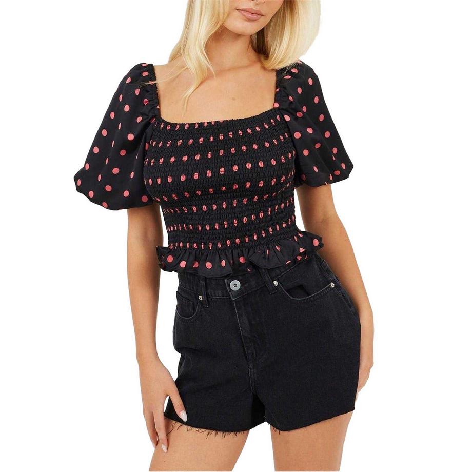 Haut Manches Bouffantes Motiftyle À Pois