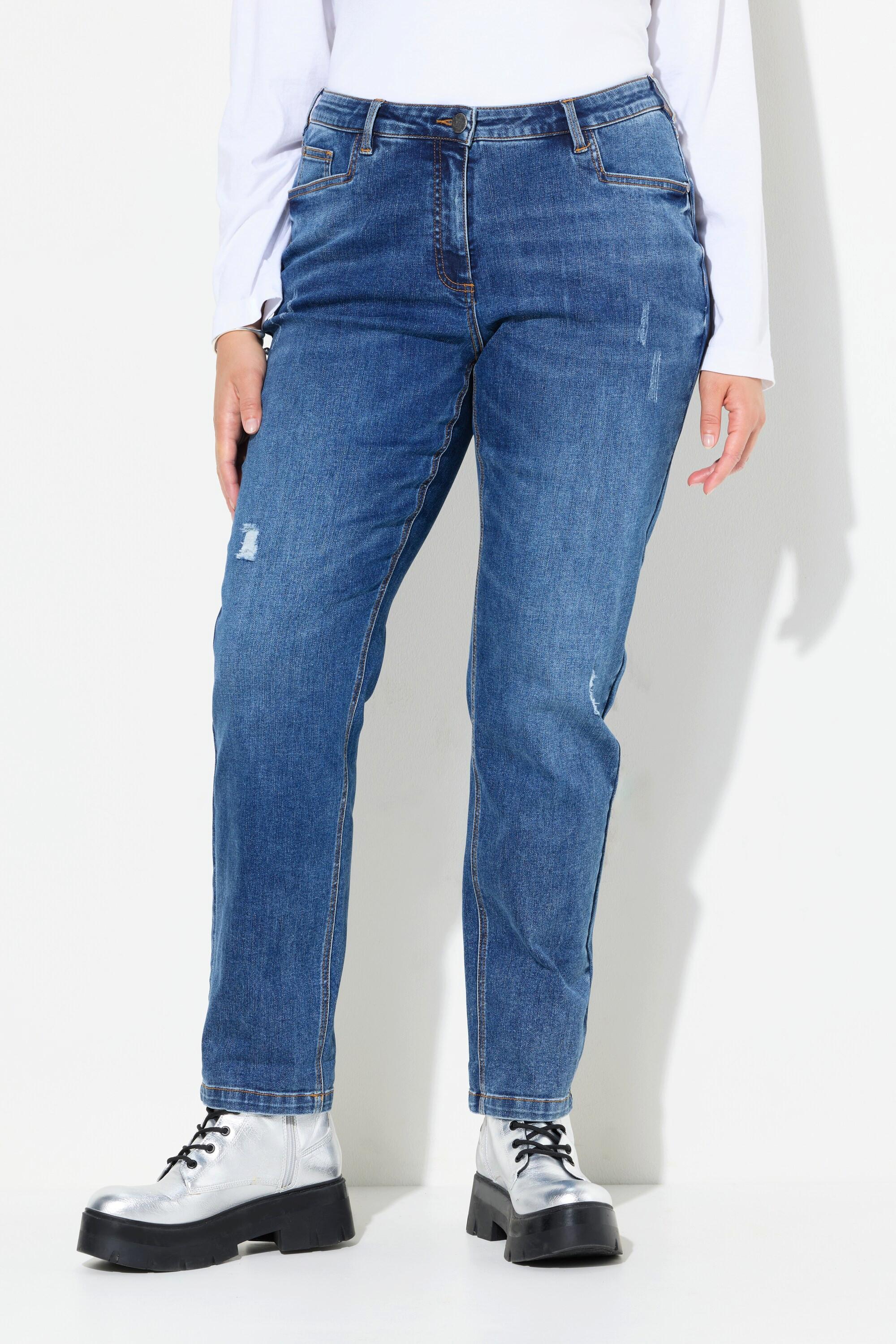 Ulla Popken  Boyfriend jeans con effetto sdrucito, taglio della gamba ampio e cintura comoda 