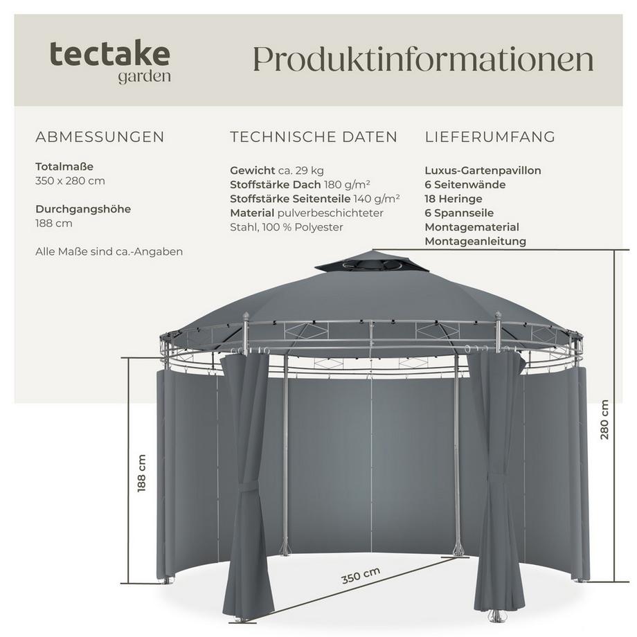 Tectake Gartenpavillon Siana Ø 3,5 m wasserabweisend  
