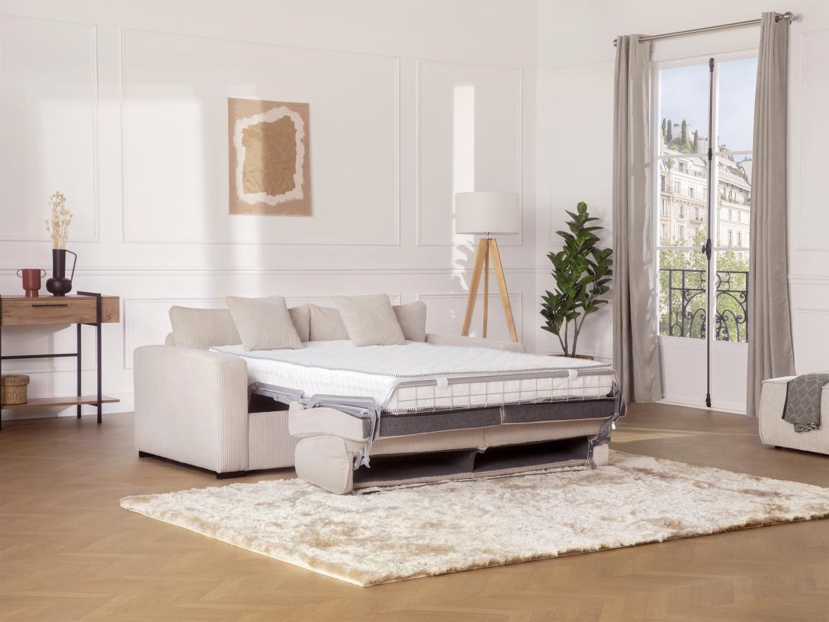 Vente-unique Canapé 4 places convertible express en velours côtelé beige - Couchage à lattes larges 160 cm - Matelas 18 cm - MONDOVI  