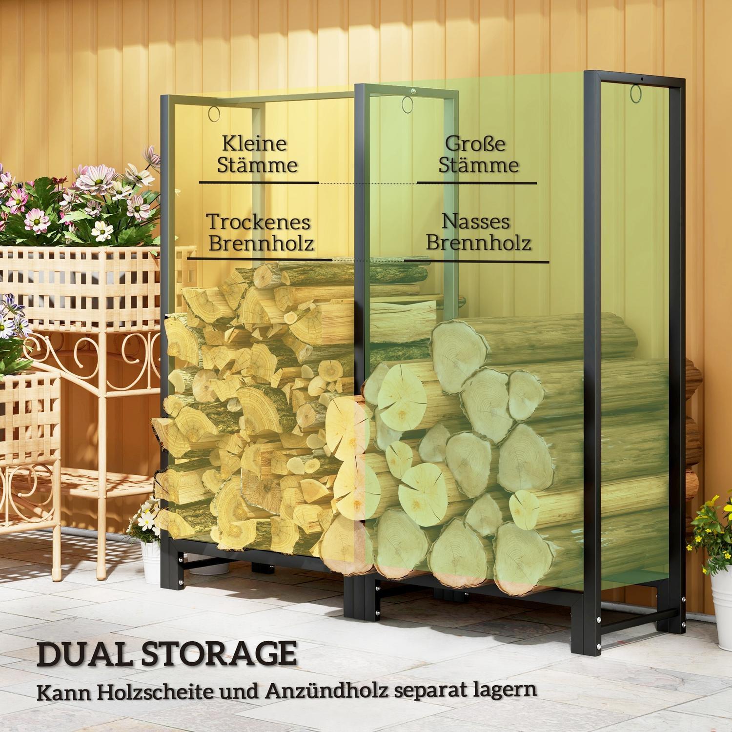 Northio Râtelier à bois de chauffage, deux sections, cadre en acier inoxydable, jusqu'à 200 kg, 123 x 32 x 115 cm, noir  