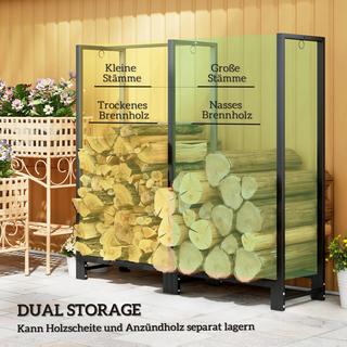 Northio Râtelier à bois de chauffage, deux sections, cadre en acier inoxydable, jusqu'à 200 kg, 123 x 32 x 115 cm, noir  